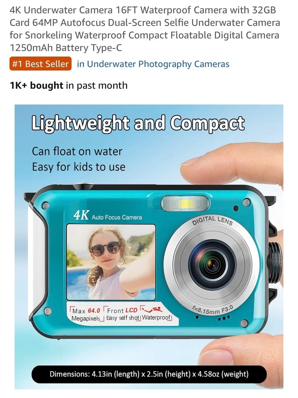 4K Waterproof Underwater Camera - Blue | 64MP Autofocus, Dual-Screen